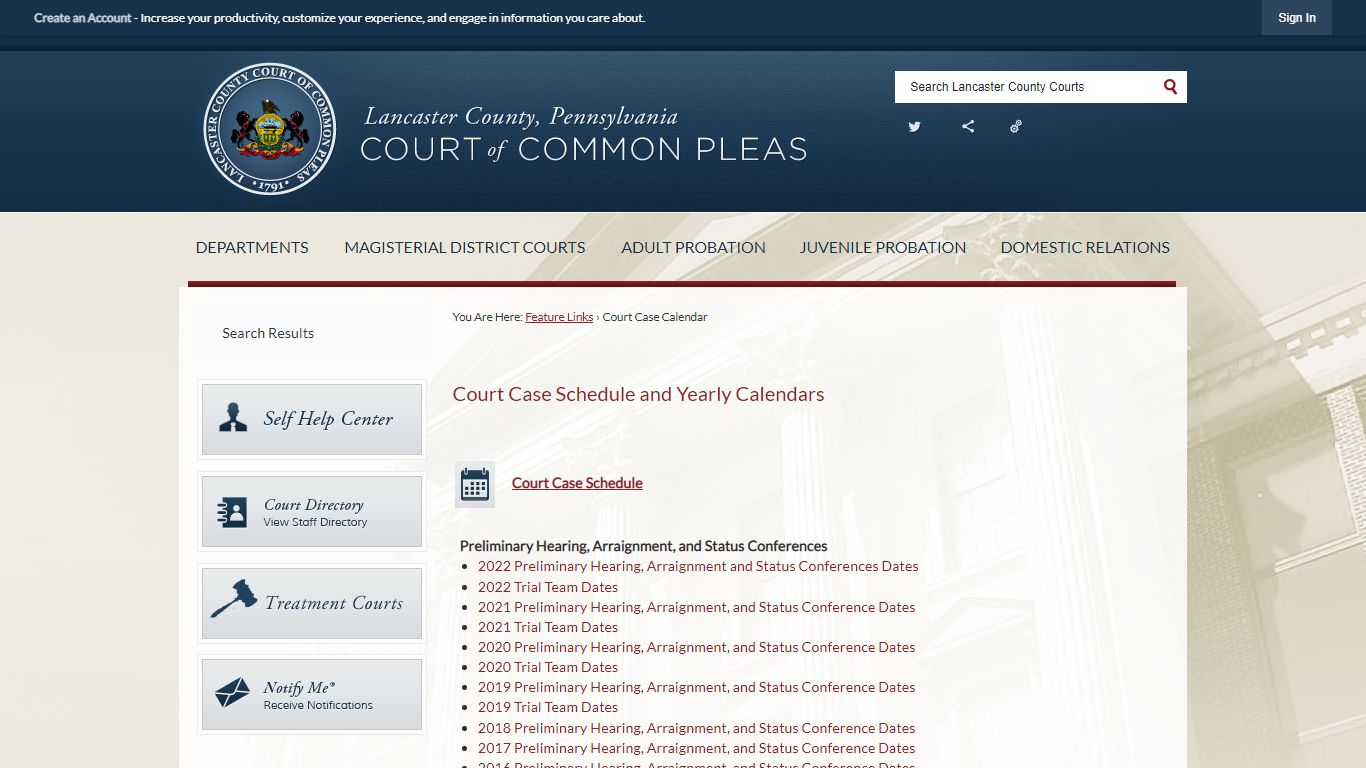 Court Case Schedule and Yearly Calendars - Lancaster County, Pennsylvania